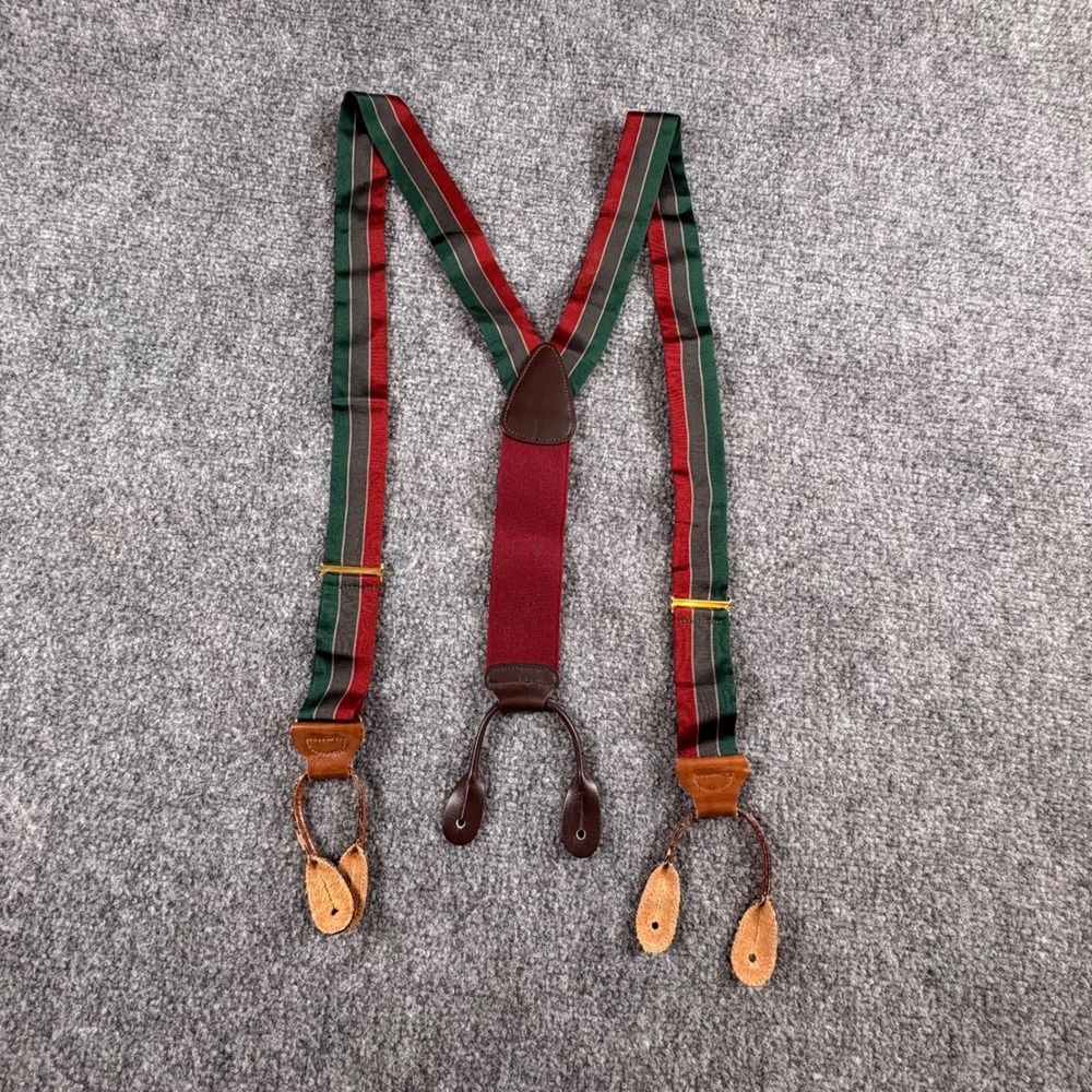 Trafalgar Suspenders Men‎ OS Green Red Striped Leather Button Braces Preppy Ivy